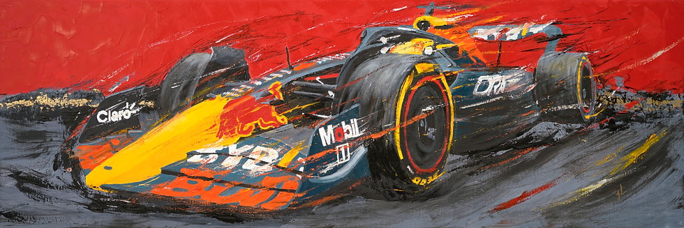 Artistic painting of a Formula 1 car with vibrant red, yellow, and orange colors, racing against a dynamic red background with visible text logos by Anita Lewis.