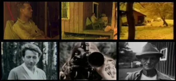 Six vintage-style images depict scenes with various individuals: one man seated indoors, another on a porch, a cameraman, and an outdoor cabin setting.