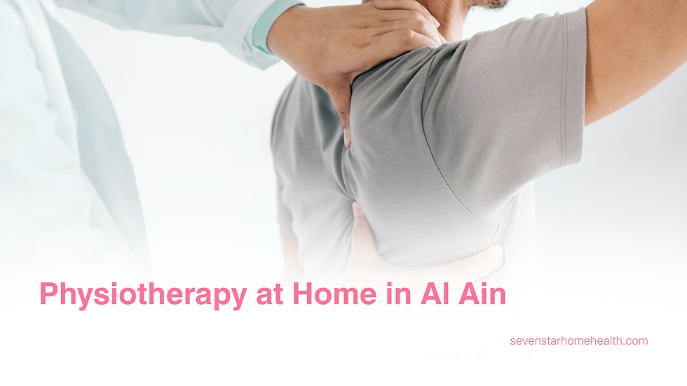 Physiotherapist treats man’s shoulder in a bright home setting; pink text reads Physiotherapy at Home in Al Ain.
