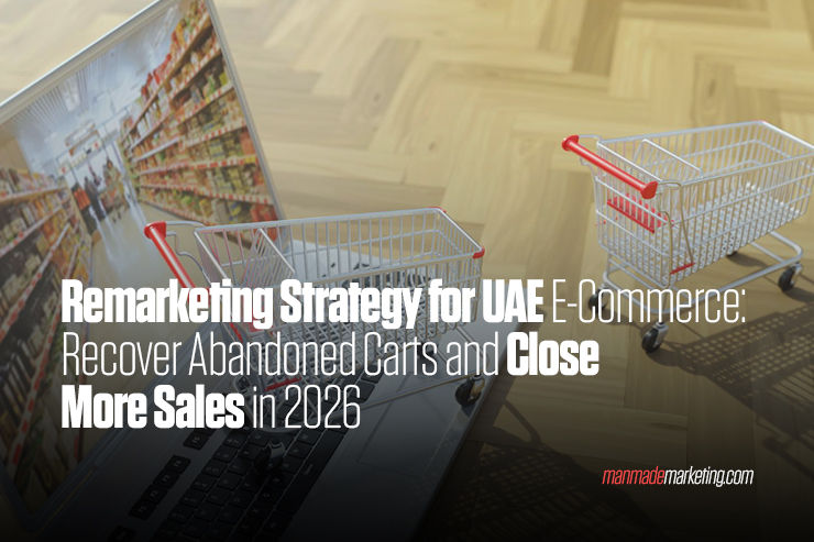 Marketing graphic with shopping carts and laptop in a store aisle; text reads Remarketing Strategy for UAE E-Commerce...