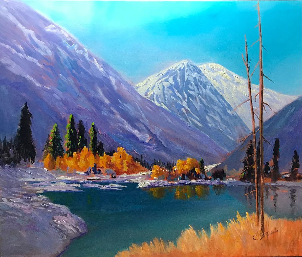 Toile figurative d'un paysage de montagne de l'ouest canadien  "Extase" de l'artiste peintre Chantal D'Andrade