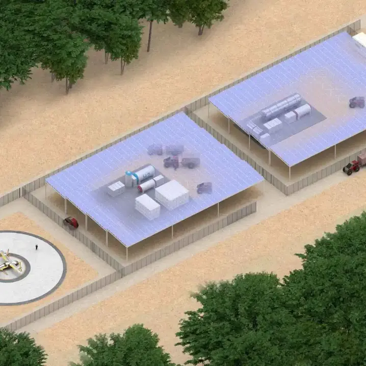 Aerial view of two energy facilities and a central control unit