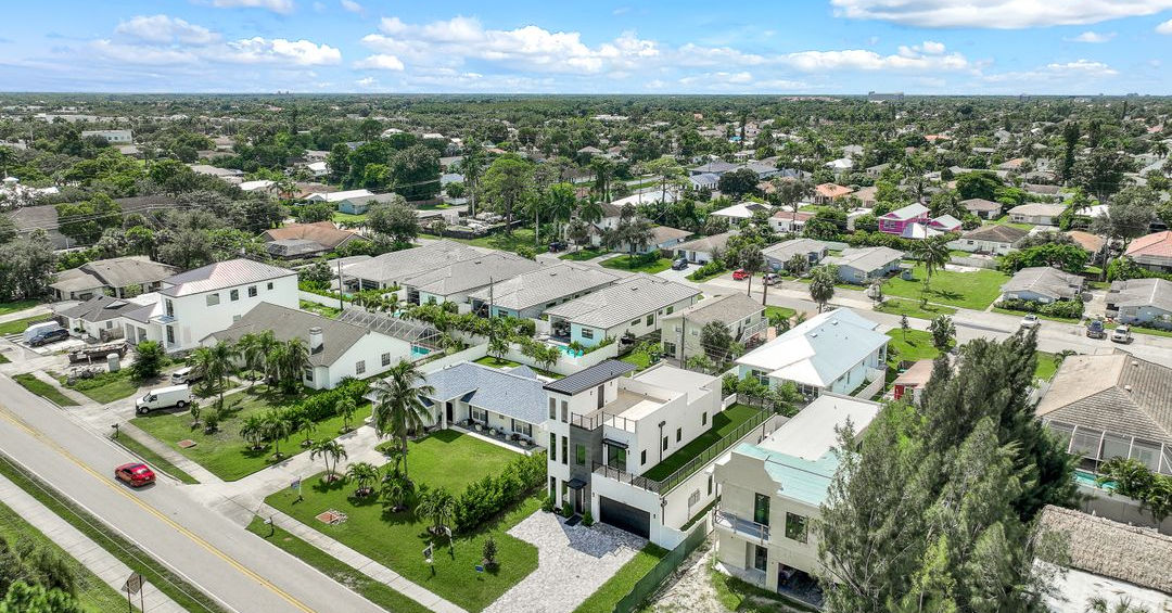 Aerial view of a residential neighborhood with Northstar Building Systems homes.