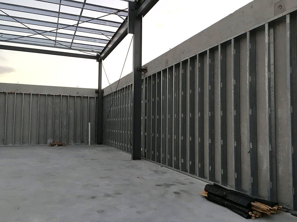 Interior view of a steel-framed building under construction
