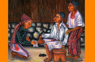Three people in traditional clothing, one kneeling to bandage a seated man's foot, while another stands nearby in a rustic, stone-walled room.