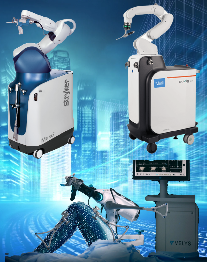 Robotic surgery equipment in a high-tech blue setting; Stryker, Meril, and Velys labels visible, with robotic arms in action.