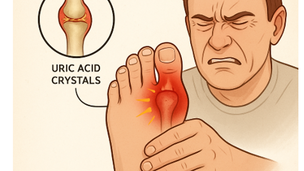 Man grimacing in pain, holding inflamed toe labeled "Gout" with inset showing uric acid crystals.