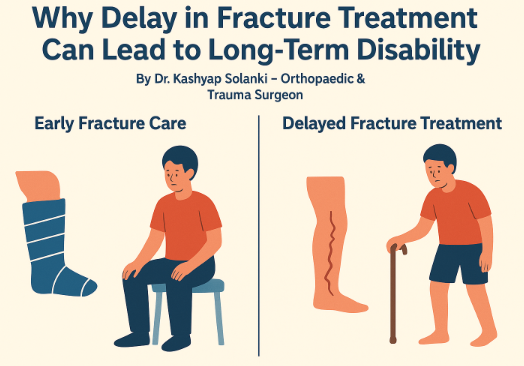 Two sections compare fracture treatment. Left: seated person with leg cast. Right: person with cane and leg issues, showing delayed care impact.
