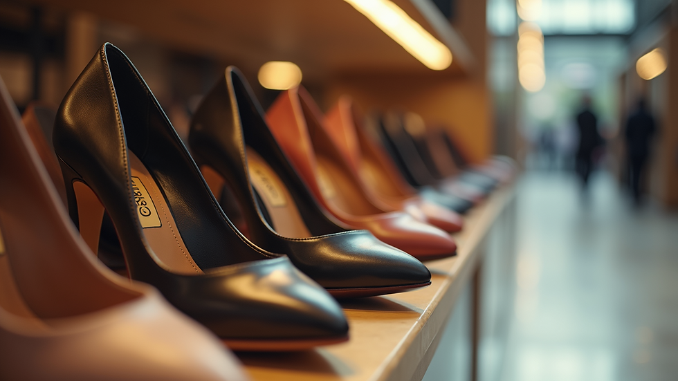 High heels in black and brown, lined on a store shelf. Warm lighting creates a cozy atmosphere. Blurred shoppers in the background.