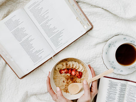 Bible with coffee and oatmeal