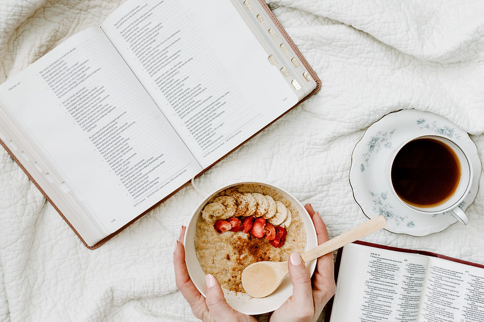 Bible with coffee and oatmeal