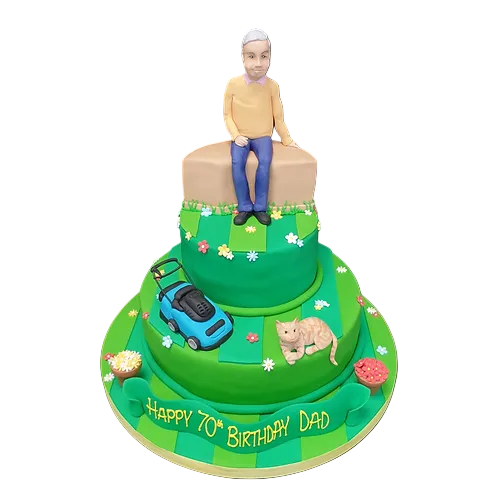 Freshly baked gardening-themed cake decorated with vibrant flowers, leaves, and gardening tools, perfect for a nature lover's celebration.