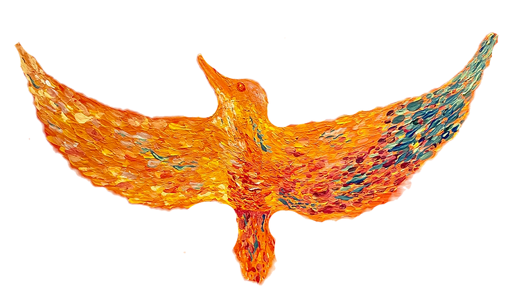 A painted bird with wings spread wide