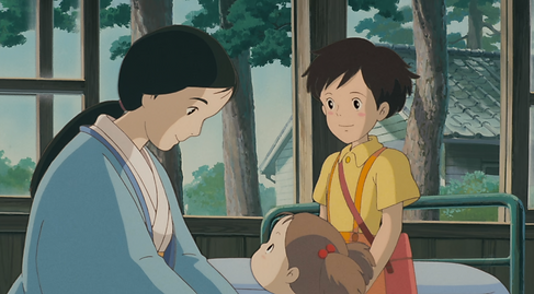The mother in my neighbor Totoro in hospital with her 2 children standing next to her.