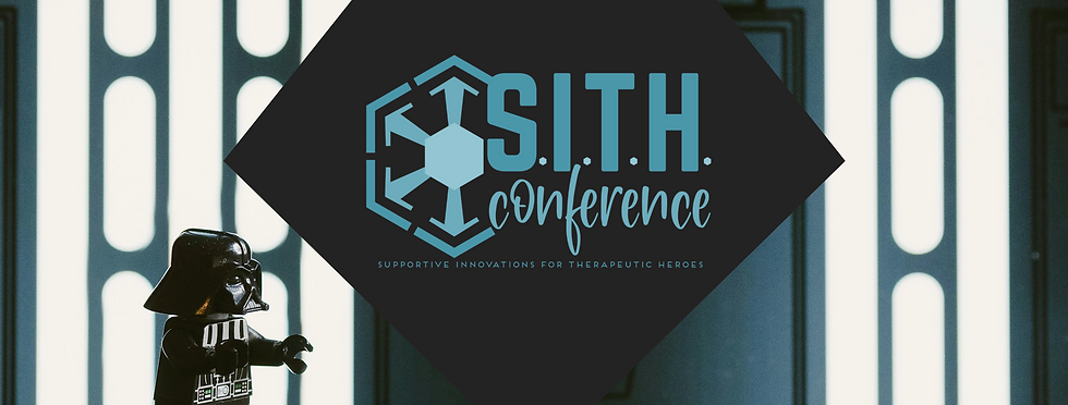 A Darth Vader lego figure in a blue room with bright white light strips. In the centre there is a dark shield shape with the SITH Conference blue logo in the middle.