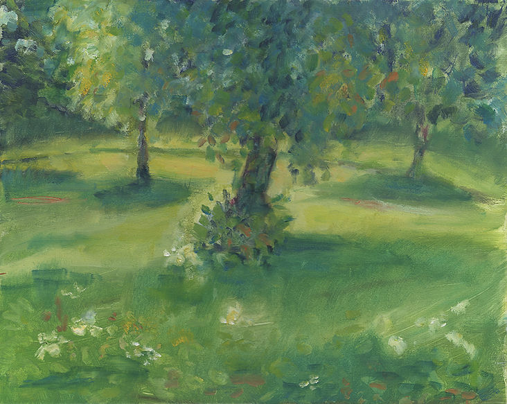 A softly rendered painting of a park scene. The sun creates dappled shadows over the grass, the trees are abundant with leaves of many shades of green, and small flashes of colour in the foreground suggest flowers.