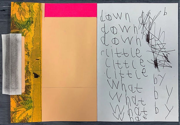 Collage including beige-gold area, bright pink strip, a section of an old floral print, along with child-like handwriting "down, little, what, by".