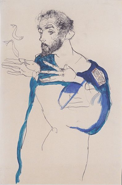 Klimt in a light Blue Smock by Egon Schiele, 1913. Medium: pencil and gouache on paper Wikimediacommons