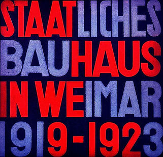 Bauhaus poster with bold blue and red text on a dark blue background