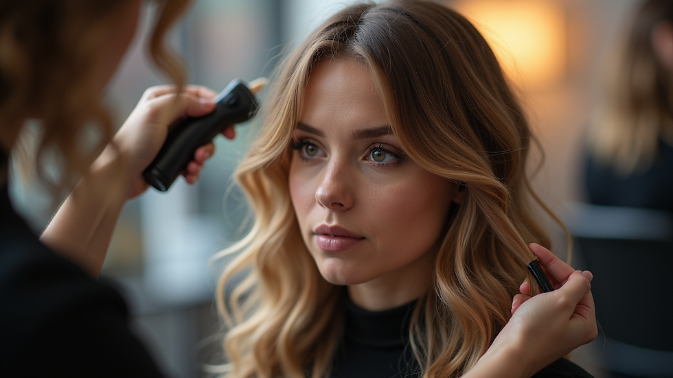 Eye-level view of a hair stylist applying color to hair with foils