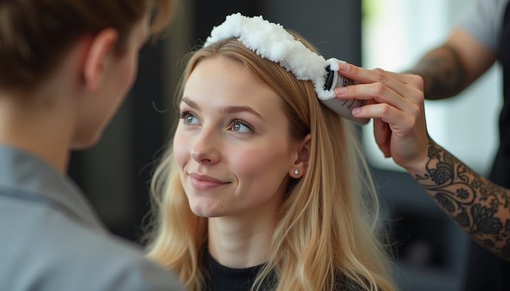 Eye-level view of a stylist applying foam bath blonding mousse to blonde hair in a salon