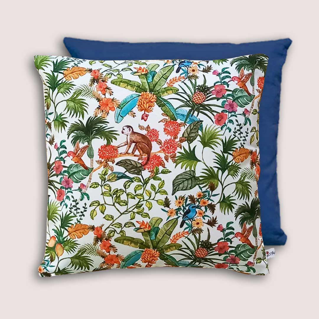 Housse de coussin HAPPY JUNGLE blanc - dos Bleu Evasion