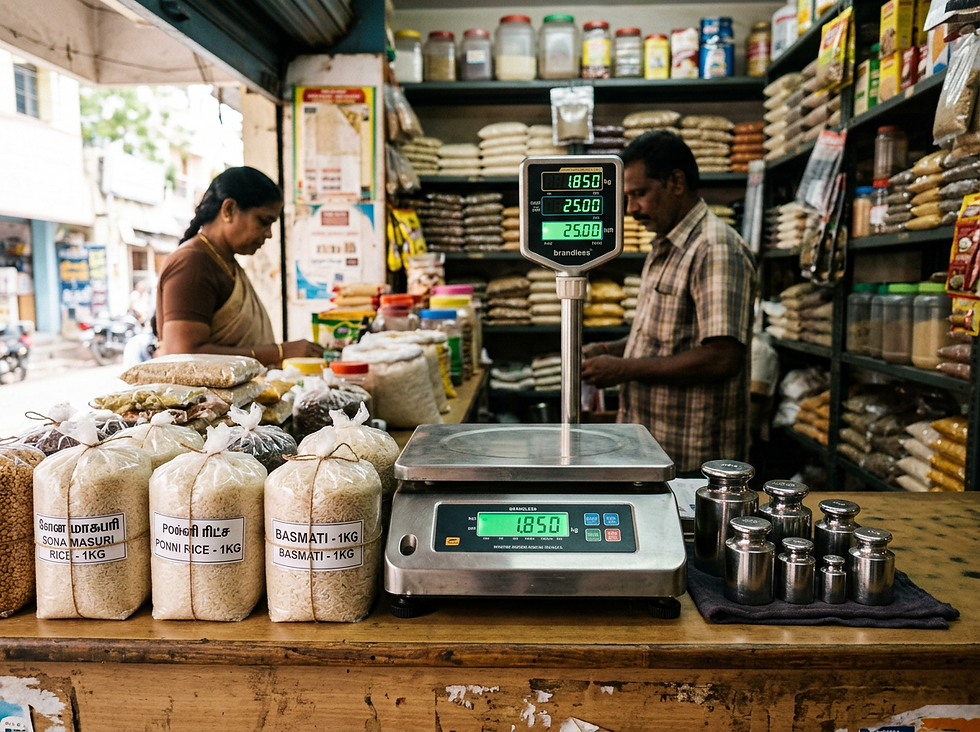 Eye-level view of a digital weighing scale on a Chennai shop counter