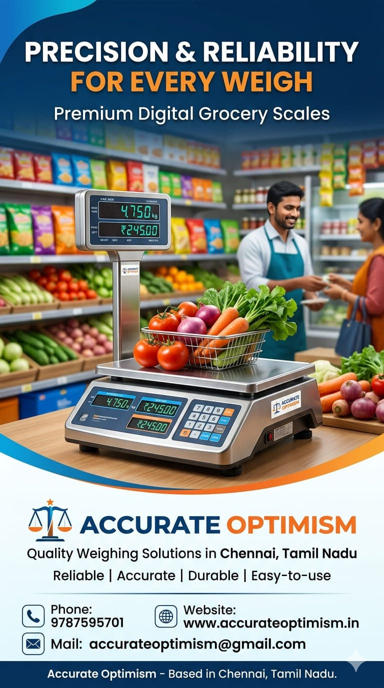 Premium digital grocery scale weighing vegetables in a store, with smiling clerk and customer; text says Precision & Reliability.