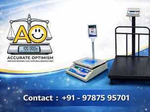Weighing scales with digital displays on a blue background. "Accurate Optimism" logo and contact number +91-97875 95701 visible.