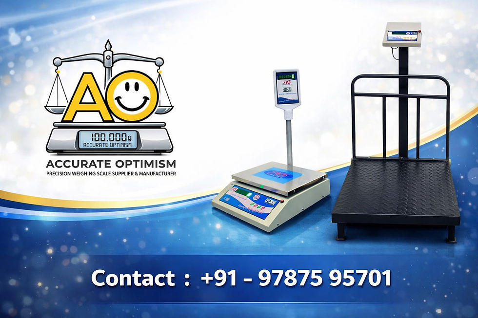 Weighing scales with digital displays on a blue background. "Accurate Optimism" logo and contact number +91-97875 95701 visible.