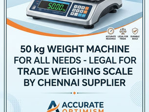 Ad for a 50 kg digital weighing scale with stainless tray and display, labeled Accurate Optimism, Chennai, Tamil Nadu.
