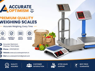Digital weighing scales, rice sack, and vegetables on a blue gradient background. Text: Accurate Optimism, premium quality weighing scales.