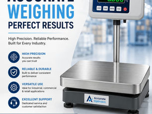Industrial digital weighing scale by Accurate Optimism in a bright warehouse, display reads 0.000 kg, with accuracy marketing text.