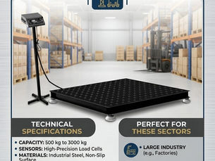 Ad for Premium Heavy-Duty Floor Scales in a warehouse, with specs, forklift icon, and Accurate Optimism branding.