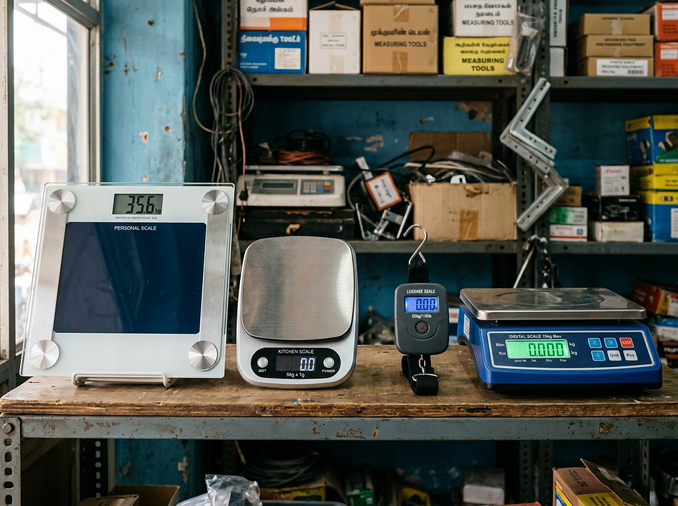 Eye-level view of digital weighing scales arranged on a clean shop shelf