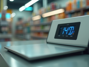 Eye-level view of a digital weighing scale displayed in a retail store in Chennai