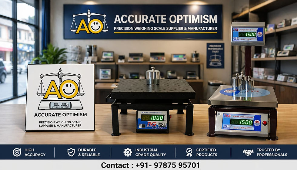 Weighing scales on a counter in a store with a "Accurate Optimism" sign. Blue and yellow logo, various weights, and contact info visible.