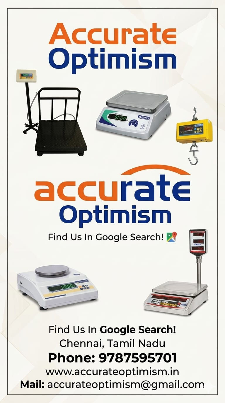 Poster for Accurate Optimism showing digital weighing scales, Google search text, Chennai, phone, website, and email details.