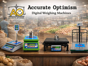 Digital weighing machines on a counter in a produce market. Logo "Accurate Optimism" with a smiling face is visible. Bags of potatoes nearby.