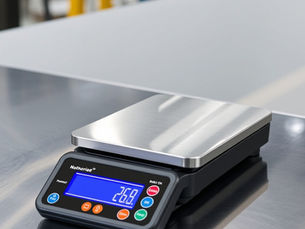 Digital kitchen scale on a shiny counter, displaying 26.9g on a blue screen. Buttons are colorful. Background is blurred.