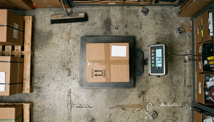 Top-down view of a platform scale weighing a sealed carton