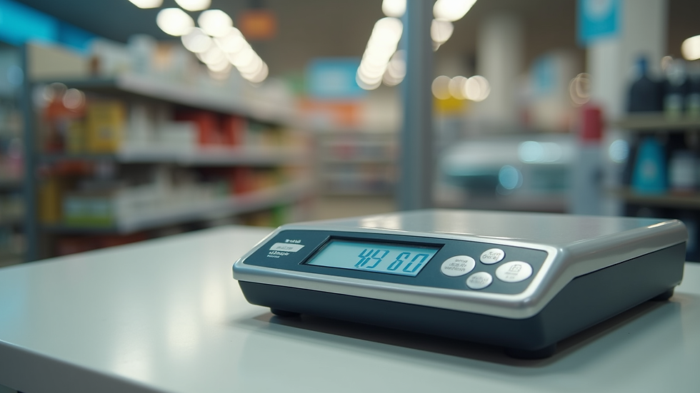 Eye-level view of a digital weighing scale on a retail counter