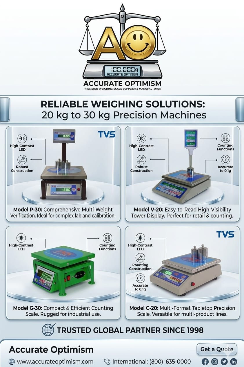 Advertisement for Accurate Optimism weighing scales, showing four models with high-contrast LEDs. Includes weight capacities and features.