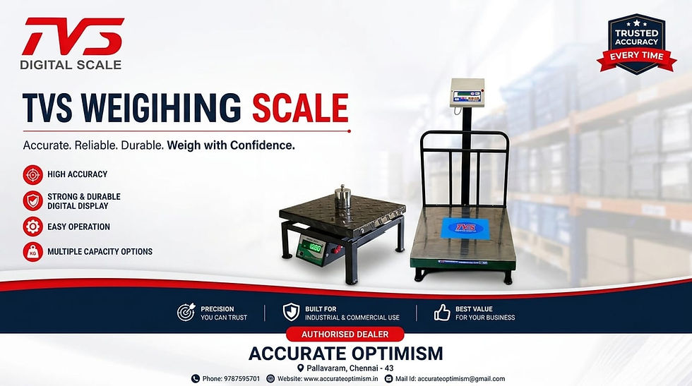 TVS Weighing Scale ad showing two digital platform scales, with High Accuracy claims and Accurate Optimism on a white background.