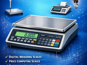 Weighing Scale Shop ad with images of digital scales on a blue background. Text: Accurate Optimism, sales & service in Pallavaram, Chennai.