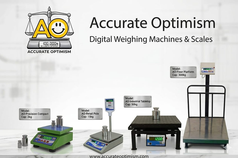 Digital weighing machines and scales showcased, including Precision Compact, Retail Pole, Industrial Tabletop, and Floor Platform models.