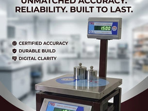 Weighing scale ad with digital display showing 1500. Text: Accurate, Unmatched Accuracy, Reliability, Built to Last. Contact info below.