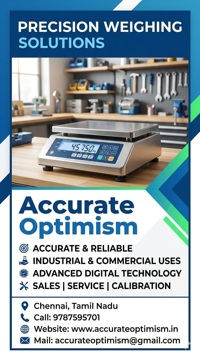Poster of a digital weighing scale in a workshop, titled Precision Weighing Solutions and Accurate Optimism, with contact details.