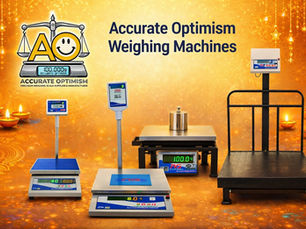 Weighing machines displayed on a gold background with decorative lamps. Text reads "Accurate Optimism Weighing Machines."