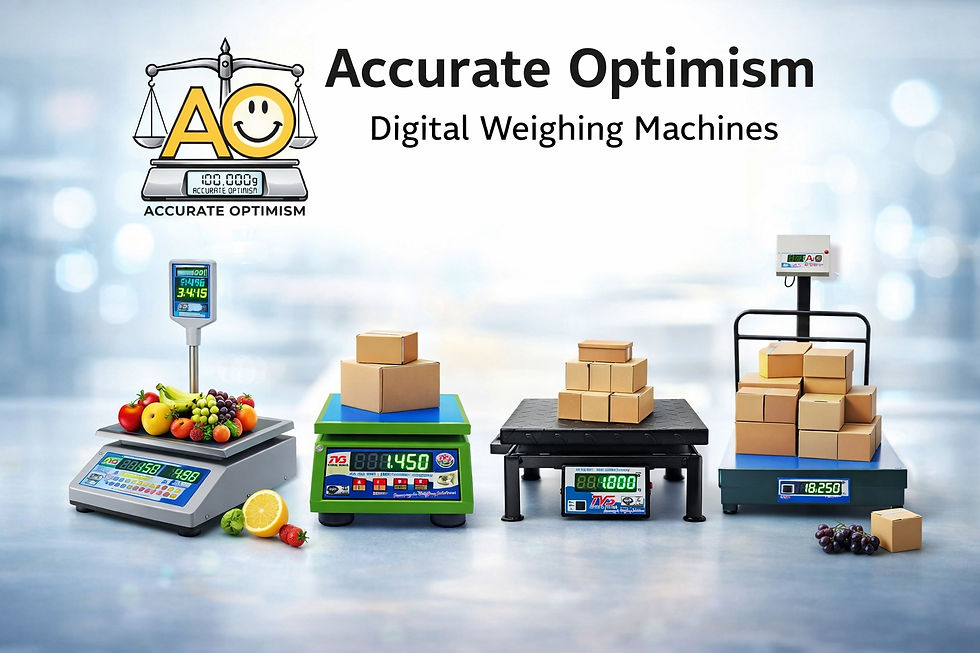 Digital weighing machines with scales showing weights of fruits and boxes. Background features logo and text "Accurate Optimism." Bright setting.